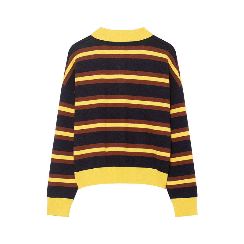 Women's Fashion Striped Polo Collar Knitted Sweater