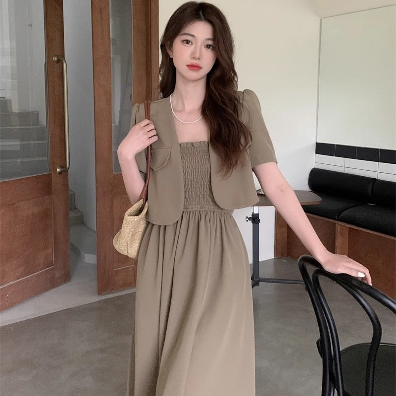 Korean-style Fashionable And Stylish Short-sleeved Blazer With Dress Set