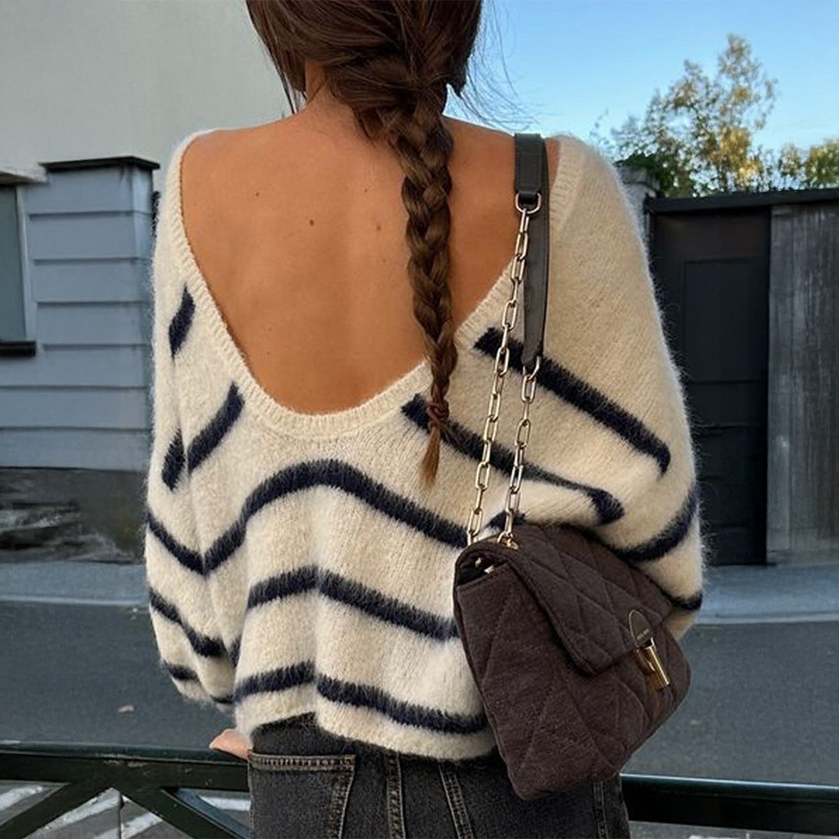 European And American Casual Striped Knitted Long-sleeved Top