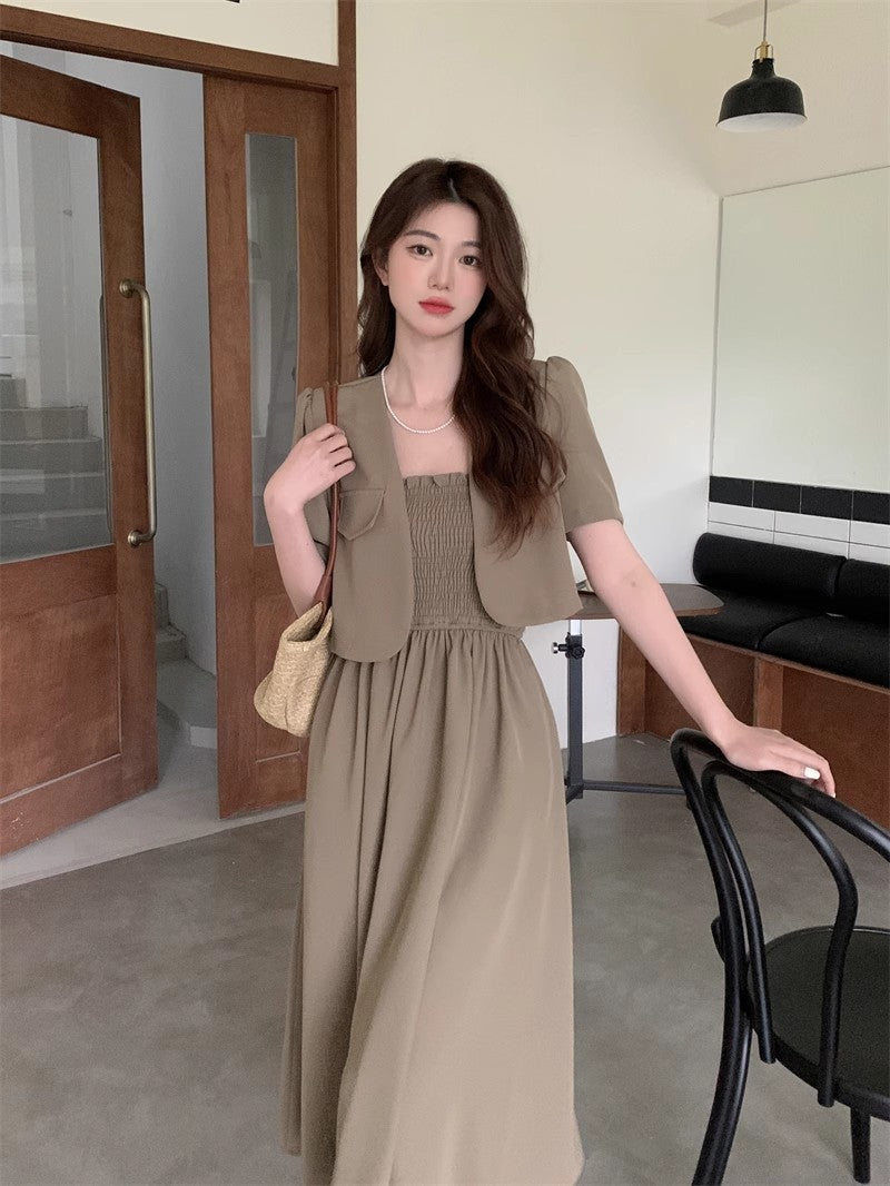 Korean-style Fashionable And Stylish Short-sleeved Blazer With Dress Set