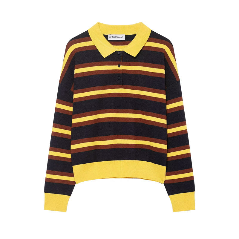 Women's Fashion Striped Polo Collar Knitted Sweater