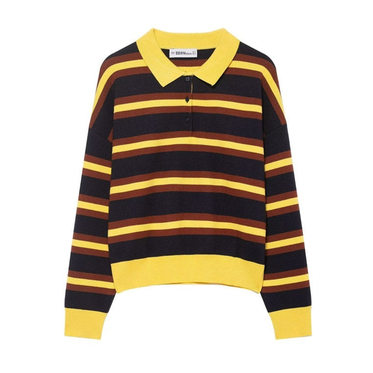 Women's Fashion Striped Polo Collar Knitted Sweater