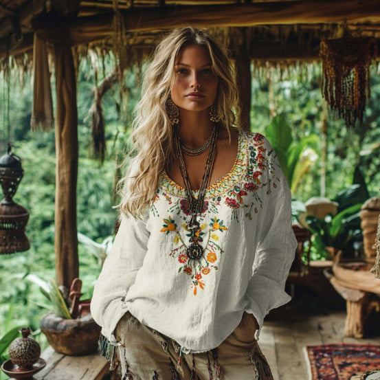 Printed Women's Round Neck Retro Bohemian Top