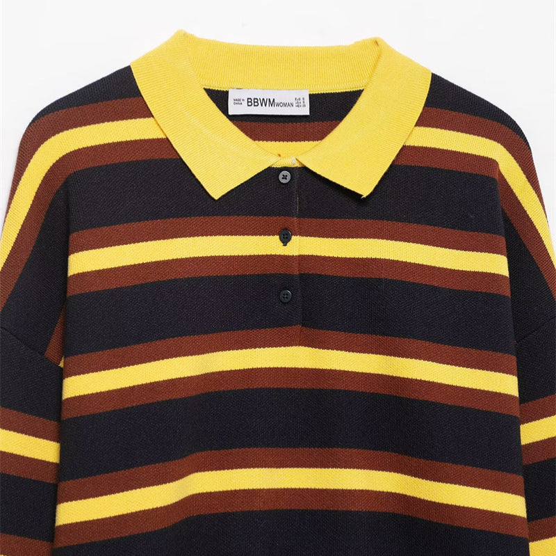 Women's Fashion Striped Polo Collar Knitted Sweater