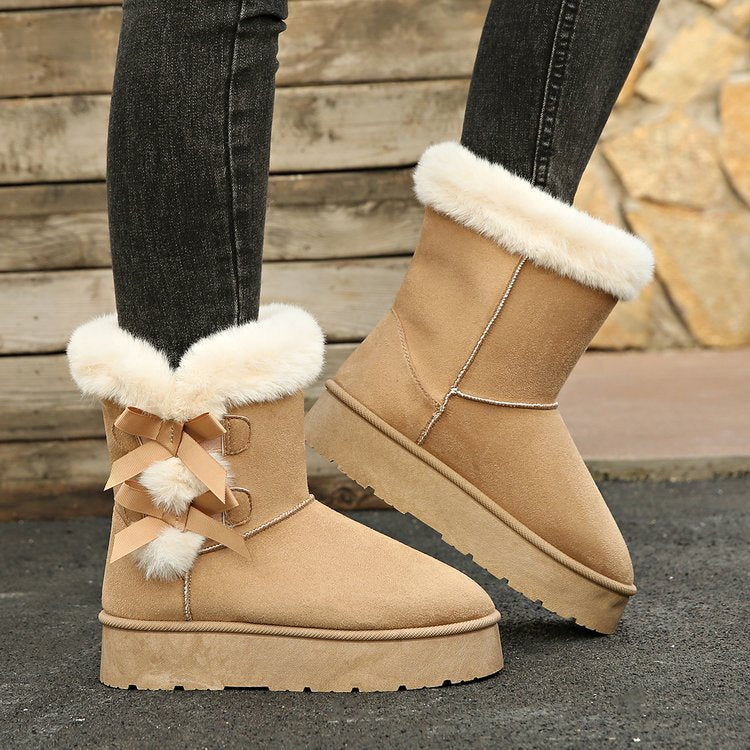 Women's Bow Retro Birkenstock Fleece Lined Thickened Ankle Boots